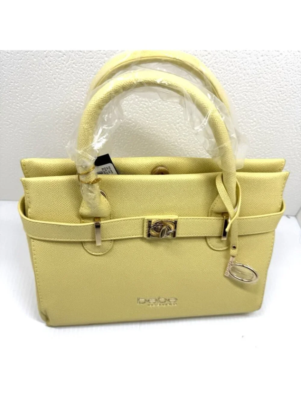 Bebe Yellow Satchel Handbag NWT Structured Top Handle Purse Gold Hardware